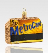 Visitors and natives alike will recognize the ubiquitous Metrocard, absolutely essential for navigating the city, here whimsically recreated in glittering glass.Handmade and hand-paintedGlassAbout 3.75L X 3.25H X 1.5DImported