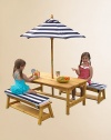 Little ones will love picnics and playtime under the shade in this weather-resistant wood table set with a striped canvas umbrella and soft striped cushions. Sturdy construction and a weather-resistant finish ensures the fun will last season after season.Bench table2 matching benches with storageStriped canvas umbrella & 2 matching cushionsTable: 42L X 22.64W X 18.98HBench: 35.83L X 11.34W X 10.43H44 lbsConstructed from canvas, Sanmu wood & foamImported