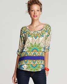 A bold paisley print lends bohemian flair to an Aqua blouse--team it with staple LBPs or your favorite skinny jeans for trend-right style. A bold paisley print lends bohemian flair to an Aqua blouse--team it with staple LBPs or your favorite skinny jeans for trend-right style.