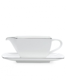 With lightweight construction in fine bone china, a softly squared design and platinum edging, the Mikasa Couture Platinum gravy boat (not shown) offers a new take on sophisticated modern dining. With lightweight construction in fine bone china, a softly squared design and platinum edging, the Mikasa Couture Platinum gravy boat (not shown) offers a new take on sophisticated modern dining.
