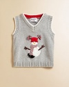 A classic v-neck sweater vest is crafted in plush cotton and adorned with a festive snowman.V-neckSleevelessPullover styleCottonMachine washImported