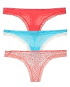 A solid or printed thong with intricate lace trim and logo stamped waistband.
