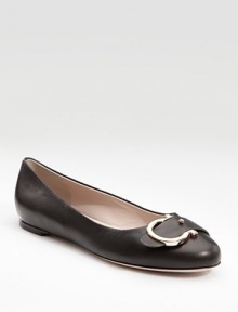 This sleek leather design features a bold logo buckle at the toe.Rubber heel, ½ (15mm) Leather lining and sole Padded insole Made in Italy This sleek leather design features a bold logo buckle at the toe.Rubber heel, ½ (15mm) Leather lining and sole Padded insole Made in Italy
