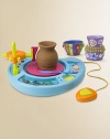 This real pottery wheel comes complete with everything you need to create your favorite crafts. Set includes pottery machine with foot pedal, 6 carving attachments, blades, 7 carving tools, 2 lb/907g air-drying clay, 6 paints, a palette, a sponge, 2 brushes, clay-cutting cord, 80 mosaic tiles, 8 gemstones and an AC adapter.Suitable for ages 8 and upImported