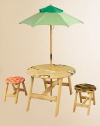 Absolutely adorable and adorned with wild animal motifs, this set gives your little ones their very own place for a garden party or a snack after a day of outdoor play.Hand-carved and hand-paintedSolid wood construction with weather-resistant finishIncludes table, two stools and folding umbrellaTable: 27 diameter X 19HStools: 11.5 diameter X 11.75HImportedRecommended for ages 3 and upPlease note: Some assembly required. 