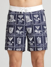 Essential beach and board style features a vintage cocktail-recipe print and drawstring waistband. Grip-tape fly Side slash, back flap pockets Mesh lining Inseam, about 6 Polyester; machine wash Imported Essential beach and board style features a vintage cocktail-recipe print and drawstring waistband. Grip-tape fly Side slash, back flap pockets Mesh lining Inseam, about 6 Polyester; machine wash Imported