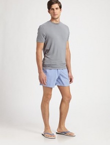 Soft, mini-check pattern accents this modern-fit, quick-drying essential swim trunk.Elastic drawstring waistSide slash, back flap pocketMesh liningInseam, about 4PolyamideMachine washImported Soft, mini-check pattern accents this modern-fit, quick-drying essential swim trunk.Elastic drawstring waistSide slash, back flap pocketMesh liningInseam, about 4PolyamideMachine washImported