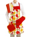 A fresh start for spring. Homewear's Bold Bloom apron provides seasonal splendor with cheerful florals, a scalloped edge and bright red piping for the style-savvy home chef.