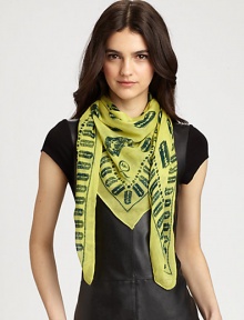 Printed rows of razor blades make the cut on this ultra-soft, ultra-fashionable design.RayonAbout 45 X 46Dry cleanImported Printed rows of razor blades make the cut on this ultra-soft, ultra-fashionable design.RayonAbout 45 X 46Dry cleanImported