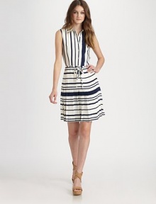 A striking combination of classic stripes and pleats lend instant appeal to this modern silhouette with a waist-accentuating self-tie belt. Blouse collarSleevelessButton frontSelf-tie beltPleated skirtSilk liningAbout 37 from shoulder to hemSilkDry cleanImported Model shown is 5'10 (177cm) wearing US size 4. A striking combination of classic stripes and pleats lend instant appeal to this modern silhouette with a waist-accentuating self-tie belt. Blouse collarSleevelessButton frontSelf-tie beltPleated skirtSilk liningAbout 37 from shoulder to hemSilkDry cleanImported Model shown is 5'10 (177cm) wearing US size 4.