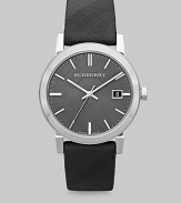A sleek timepiece in brushed/polished stainless steel with leather check strap.Round bezelSwiss movementSecond handDate displayBlack check hydraulic stamped dialSapphire crystalWater resistant to 5 ATMStainless steel case: 38mm (1.5) Imported