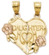 Share some love this Mother's Day. A breakaway charm makes the perfect gift when given from daughter to mother. This engraved charm features the words Daughter and Mom in 14k gold and 14k rose told. Chain not included. Approximate length: 8/10 inch. Approximate width: 7/10 inch.