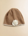 Your little one will brave the chilly temps with this charming hat trimmed with a contrast rosette and scallop edges.Contrast scallop edgingRosette trimPolyester/nylon/wool/angora/cashmereDry cleanImported