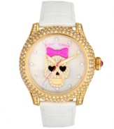 Cuteness to die for. Watch by Betsey Johnson crafted of white croc-embossed leather strap and round polished gold tone stainless steel case covered in crystal accents. White mother-of-pearl dial features crystal accent markers, large gold tone skull with pink bow and crystal accents at center, gold tone hour and minute hands, signature fuchsia second hand and logo. Quartz movement. Water resistant to 30 meters. Two-year limited warranty.