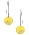 Brighten your day with a burst of bold color. Kenneth Cole New York's trendy drop earrings feature yellow resin circles accented by crystals. Set in hematite-plated mixed metal. Approximate drop: 2 inches.