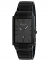 Superhero style from Kenneth Cole New York. Sleek watch crafted of black ion-plated stainless steel bracelet and rectangular case. Black dial with vertically-striped texture features applied numerals at twelve and six o'clock, stick indices, date window at six o'clock, three hands and logo. Quartz movement. Water resistant to 30 meters. Limited lifetime warranty.