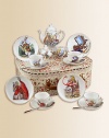 This heirloom quality children's tea set features original John Tenniel illustrations from the classic story, Alice in Wonderland. Each porcelain piece is hand-embellished in 22k gold. Set includes four plates, four tea cups & saucers, one tall tea pot, sugar & creamer and four stainless steel spoons all beautifully and safely stored in a fabric-lined trunk case.Beautifully gift boxed, 11.5W X 9H X 4DPorcelainPlate, 3.75DTea cup, 1.5 oz. 