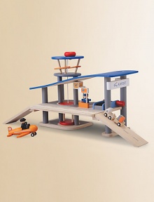 Made entirely of recycled materials, this set is complete with a flight control tower, a moveable elevator that connects the ground and second floors and a car park on the first floor. Set also includes a check-in counter and luggage conveyor-belt Additional pieces include an airplane, cargo trailer, and 2 figures of a pilot and captain For ages 3 and up About 28W X 13½H X 9D Keep dry Imported