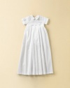 Perfect for this special day, a collared christening gown with smocking and button detail. Comes with matching hat Detachable pleated gown Pleated legs on suit Back button closure Cotton; dry clean Imported FIT RECOMMENDATION: Please note that this style runs small.