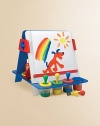 Double-sided easel has chalkboard on one side and wipe-off board on the other. Simple, modern design assembles easily with no tools, no hinges and no small parts. Includes 12 X 100' paper roll, 4 non-spill paint cups, 4 easy-grip brushes and removable storage tray in the base. Suitable for age 3 and up Easy assembly 14½W X 16H X 19½D Imported