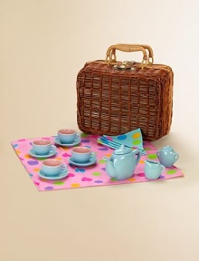 It's always tea time with this miniature tea set, packed in a charming wicker basket.Tea service for fourPrinted napkins and tableclothSuitable for ages 8 and upImported It's always tea time with this miniature tea set, packed in a charming wicker basket.Tea service for fourPrinted napkins and tableclothSuitable for ages 8 and upImported