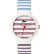 Sweeter than a double scoop ice cream cone. This unisex Goa watch by Lacoste is crafted of blue and lavender stripe silicone strap and round white plastic case. Lavender stripe dial features iconic crocodile logo, cutout hour and minute hands and red second hand. Quartz movement. Water resistant to 30 meters. Two-year limited warranty.