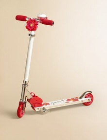 She can roll down the street using flower power on a folding scooter with Juicy style.Cushioned handlebarsAttached bellFlower detail on columnAdjustable heightFlower-adorned deckHinged spring folding mechanismMetal body and hardwareImported She can roll down the street using flower power on a folding scooter with Juicy style.Cushioned handlebarsAttached bellFlower detail on columnAdjustable heightFlower-adorned deckHinged spring folding mechanismMetal body and hardwareImported
