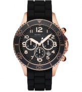 A sophisticated update to the classic sport profile. Watch by Marc by Marc Jacobs crafted of black silicone bracelet and round rose-gold ion-plated stainless steel case. Black bezel with rose-gold tone numerals. Black chronograph dial features large numerals, minute track, date window, three subdials, three hands and logo. Quartz movement. Water resistant to 50 meters. Two-year limited warranty.