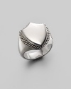 Polished sterling silver shield ring with cable trim. From the Thoroughbred Collection Facing, 17.13mm X 21.83mm Imported
