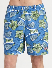 An easy-fitting swim favorite comes to life with a colorful mix of tropical fish and florals.Elastic waistbandSide slash, back flap pocketsInseam, about 6½PolyesterMachine washImported An easy-fitting swim favorite comes to life with a colorful mix of tropical fish and florals.Elastic waistbandSide slash, back flap pocketsInseam, about 6½PolyesterMachine washImported