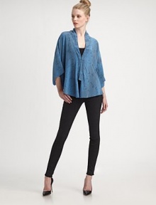 Washed silk draped beautifully from shoulder to hem in a kimono-inspired topper.Shawl collarDropped shouldersKimono sleevesHook-and-eye closureAbout 26 from shoulder to hemSilkDry cleanImportedModel shown is 5'10 (177cm) wearing US size Small. Washed silk draped beautifully from shoulder to hem in a kimono-inspired topper.Shawl collarDropped shouldersKimono sleevesHook-and-eye closureAbout 26 from shoulder to hemSilkDry cleanImportedModel shown is 5'10 (177cm) wearing US size Small.
