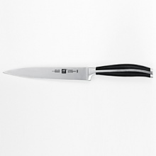 The Twin Cuisine series of knives from Henckels features premium high-carbon stainless steel forged blades with improved cutting edge retention and corrosion resistance. The handles are a creation of new technology - a rivetless, molded handle design with a full tang, no gaps, smooth shape and grip. The Henckels Twin emblem is branded in stainless on the end of the handle. The Twin Cuisine series of knives from Henckels features premium high-carbon stainless steel forged blades with improved cutting edge retention and corrosion resistance. The handles are a creation of new technology - a rivetless, molded handle design with a full tang, no gaps, smooth shape and grip. The Henckels Twin emblem is branded in stainless on the end of the handle.