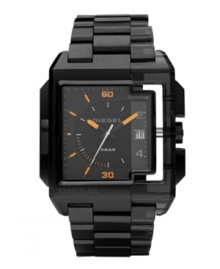 Split personality. Diesel keeps things interesting on this watch by mixing materials. Bracelet and square case are two-thirds black ion-plated stainless steel and one-third black plastic. Gunmetal dial features numerals at two and four o'clock, stick indices, date window at three o'clock, logo and orange accents. Quartz movement. Water resistant to 50 meters. Two-year limited warranty. Split personality. Diesel keeps things interesting on this watch by mixing materials. Bracelet and square case are two-thirds black ion-plated stainless steel and one-third black plastic. Gunmetal dial features numerals at two and four o'clock, stick indices, date window at three o'clock, logo and orange accents. Quartz movement. Water resistant to 50 meters. Two-year limited warranty.