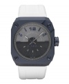 Rough-and-tumble grittiness and crisp white mash up on this watch by Diesel. White silicone strap and square blue ion-plated stainless steel case. Matte gray dial features applied blue numerals and stick indices, white minute track, three hands and logo. Quartz movement. Water resistant to 100 meters. Two-year limited warranty.