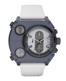 Bold, brave and in search of adventure? Take this watch by Diesel along with you. White silicone strap and square blue ion-plated stainless steel case. Largest of three gray dials features blue numerals, date window and two chronograph subdials and two additional smaller dials feature stick indices. Quartz movement. Water resistant to 100 meters. Two-year limited warranty.