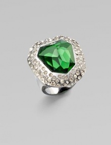 A faceted center of emerald green glass, edged in shimmering Swarovski crystals.Crystal and glassRuthenium platedWidth, about 1Made in USA A faceted center of emerald green glass, edged in shimmering Swarovski crystals.Crystal and glassRuthenium platedWidth, about 1Made in USA
