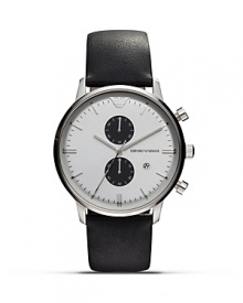 Designed for performance and style, this stainless steel watch from Emporio Armani is an exemplary choice. Features like its leather strap and glossy dial ensure commanding cool. Designed for performance and style, this stainless steel watch from Emporio Armani is an exemplary choice. Features like its leather strap and glossy dial ensure commanding cool.
