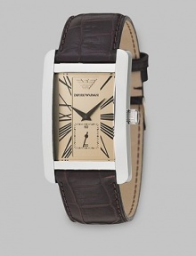 Light amber dial on large rectangular stainless steel case with crocodile-embossed leather strap. Quartz movement Roman numeral markers Second hand Imported Light amber dial on large rectangular stainless steel case with crocodile-embossed leather strap. Quartz movement Roman numeral markers Second hand Imported