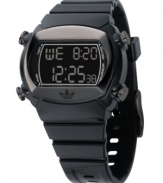 Great for on the go, this Candy watch by adidas features a black polyurethane strap and rectangular polycarbonate case with logo etched at bezel. Black negative display digital dial with chronograph, timer, alarm, 10-lap memory and date. Quartz movement. Water resistant to 50 meters. Two-year limited warranty.
