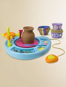 This real pottery wheel comes complete with everything you need to create your favorite crafts. Set includes pottery machine with foot pedal, 6 carving attachments, blades, 7 carving tools, 2 lb/907g air-drying clay, 6 paints, a palette, a sponge, 2 brushes, clay-cutting cord, 80 mosaic tiles, 8 gemstones and an AC adapter.Suitable for ages 8 and upImported