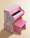 An adorable toddler piano sits on the ground and can easily be raised into an upright as a child grows. For ages 3 and up Horse decoration on one side Makes chime-like piano sounds Songbook included with classic songs Keys spaced to teach proper finger placement Removable color-coordinated strip guides small fingers from chord to chord Hardwood/hardboard 17W X 10¾H X 10½D Imported