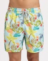 A colorful tropical print adorns these quick-dry trunks, complete with drawstring waist and back eyelets to avoid a ballooning effect.Drawstring elastic waistBack flap pocket with grip-tape closureMesh liningPolyamideMachine washImported