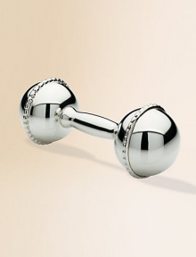 Classic bar bell rattle is designed in super-shiny sterling silver that's guaranteed to intrigue little ones! 1.61 oz 4 long Made in Spain Classic bar bell rattle is designed in super-shiny sterling silver that's guaranteed to intrigue little ones! 1.61 oz 4 long Made in Spain