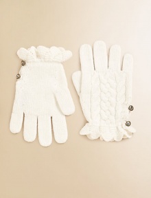 Warm and breathable cotton gloves are knit in a classic cabled stitch and finished with crystal buttons at the cuffs.Cable-knitRuffled cuffsCrystal buttonsCotton/WoolHand washImported