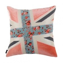 A fun, modern take on the Union Jack. Fashioned out of rose velvet, charcoal grey linen and fab floral-print appliqués on a metallic linen base, this pillow reverses to solid metallic linen. A fun, modern take on the Union Jack. Fashioned out of rose velvet, charcoal grey linen and fab floral-print appliqués on a metallic linen base, this pillow reverses to solid metallic linen.