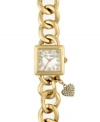Love is charming. Remind yourself with this sweet watch by Betsey Johnson. Gold tone stainless steel charm bracelet and square case. Crystal-accented heart charm hangs from case. White dial features large tonal heart graphic at center, applied gold tone numerals, crystal-accented hearts, signature fuchsia second hand and logo. Quartz movement. Water resistant to 30 meters. Two-year limited warranty.
