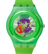 Colors in motion: with an exposed dial highlighting the inner mechanisms of the watch, this bright Green Lacquered collection Swatch is a charming change of pace.
