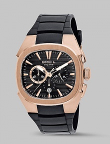 A sport-inspired look crafted with quartz precision and two-eye chronograph detail on a rubber band. Quartz movement Water-resistant to 10ATM Rose IP stainless steel case; 44mm diameter (1.7) Black sunray dial Second hand Date display at 6:00 Rubber strap Imported 