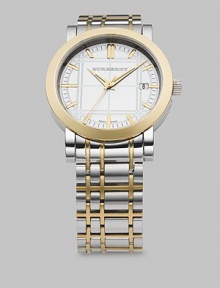 Silver dial etched with 18k gold accents on two-tone stainless steel bracelet. Quartz movement Round case Date display Second hand Markers Made in Switzerland