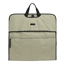 Ideal for weekend trips and traveling, this garment bag is made with washable coated linen and cowhide leather trim. Has front zip pocket for extra belongings. Folds up so it can easily be carried. Lightweight and sleek design. Ideal for weekend trips and traveling, this garment bag is made with washable coated linen and cowhide leather trim. Has front zip pocket for extra belongings. Folds up so it can easily be carried. Lightweight and sleek design.